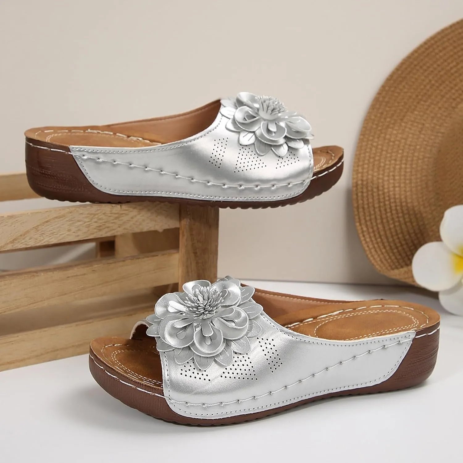 Hbeylia Summer Sandals for Women 2025 Comfortable Orthopedic Sandals Dressy Arch Support Slides Slip On Walking Platform Wedge Beach Shoes Open Toe Wide Width Outdoor Slippers