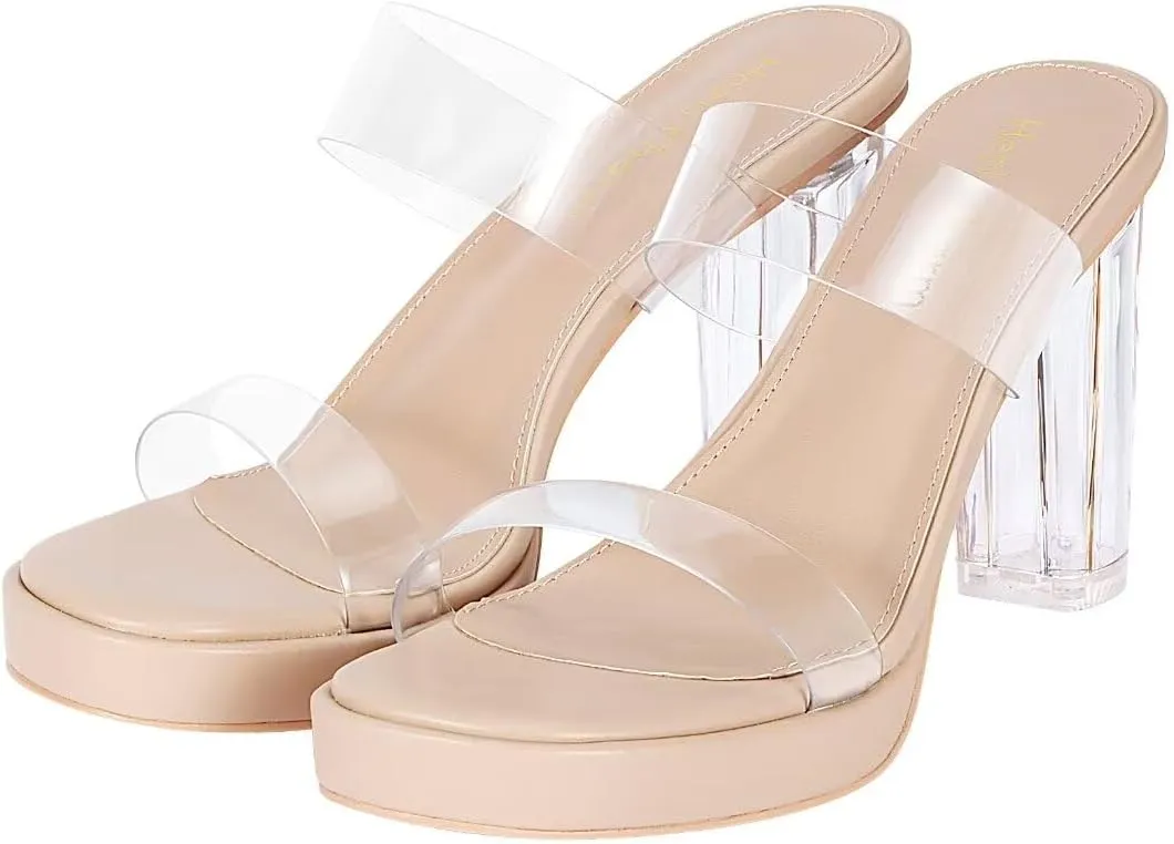 Heels Charm Women's Platform Heels Clear Chunky Block Heeled Sandals Open Toe Two Strap Slip On Block High Heel Sandal Dress Dancing Sandals Daily Work Party Shoes