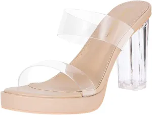 Heels Charm Women's Platform Heels Clear Chunky Block Heeled Sandals Open Toe Two Strap Slip On Block High Heel Sandal Dress Dancing Sandals Daily Work Party Shoes