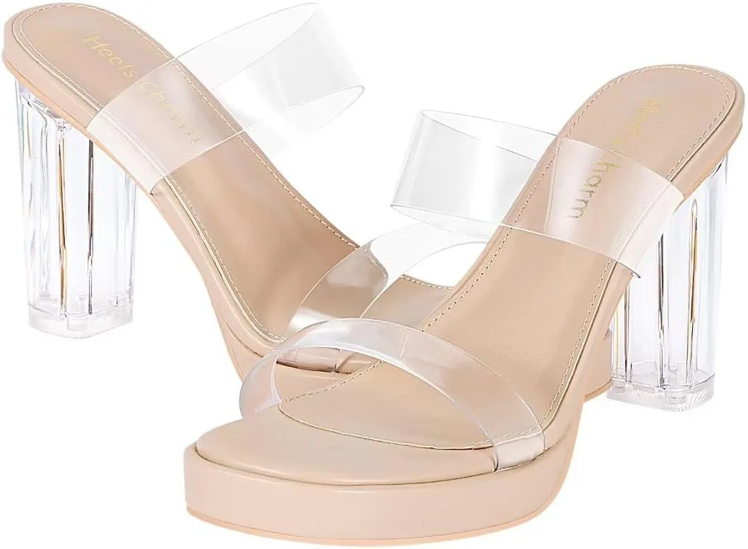Heels Charm Women's Platform Heels Clear Chunky Block Heeled Sandals Open Toe Two Strap Slip On Block High Heel Sandal Dress Dancing Sandals Daily Work Party Shoes