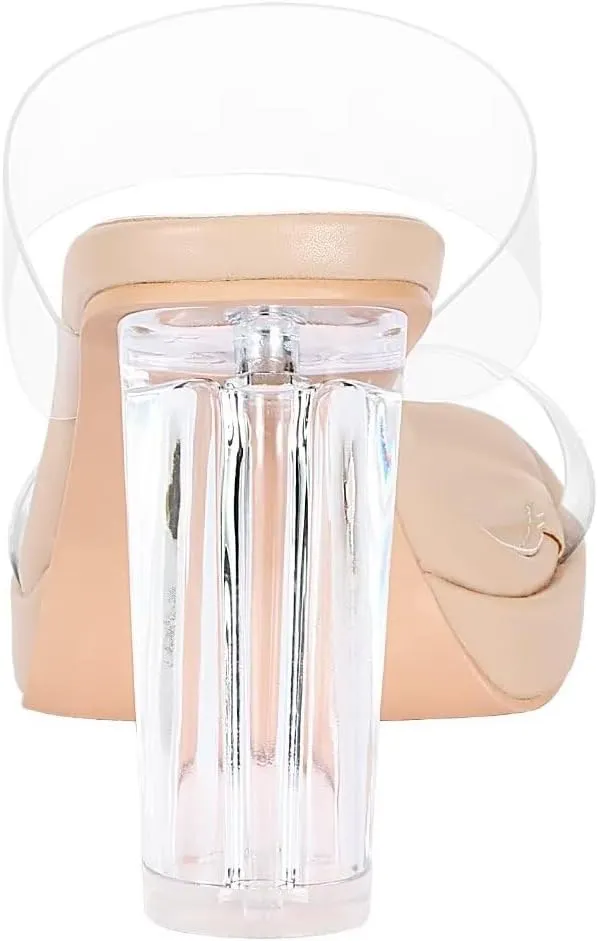 Heels Charm Women's Platform Heels Clear Chunky Block Heeled Sandals Open Toe Two Strap Slip On Block High Heel Sandal Dress Dancing Sandals Daily Work Party Shoes