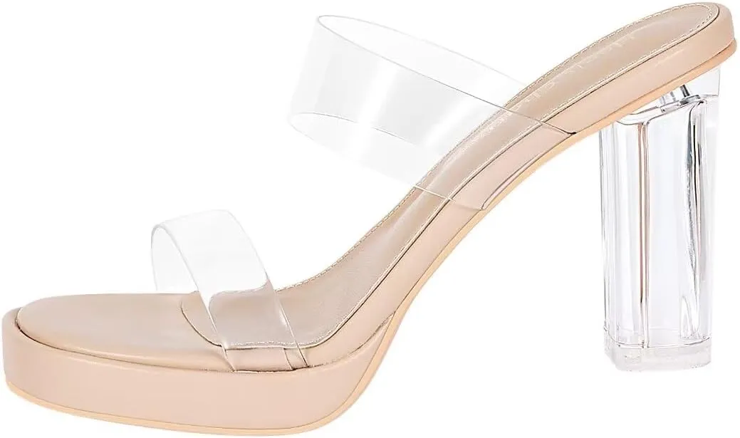 Heels Charm Women's Platform Heels Clear Chunky Block Heeled Sandals Open Toe Two Strap Slip On Block High Heel Sandal Dress Dancing Sandals Daily Work Party Shoes