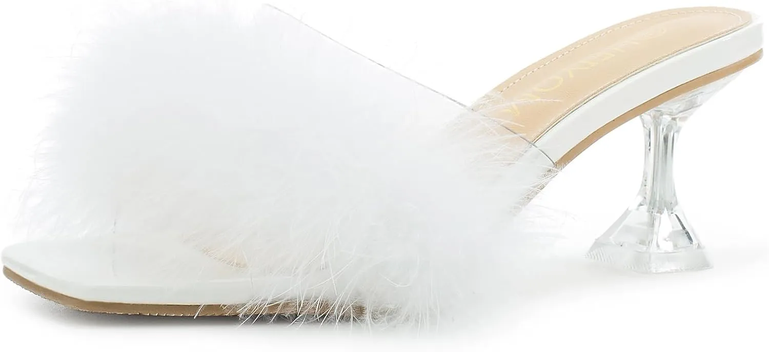 Heiyom Women's Square Toe Low Stilettos Heels Mules Sandals Fluffy Feather Slip on Clear Low Heels Wedding Bridal Party Dress Shoes