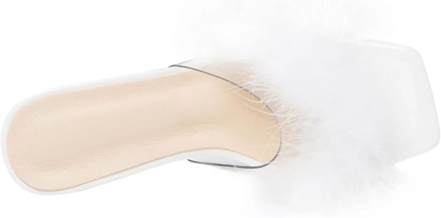 Heiyom Women's Square Toe Low Stilettos Heels Mules Sandals Fluffy Feather Slip on Clear Low Heels Wedding Bridal Party Dress Shoes