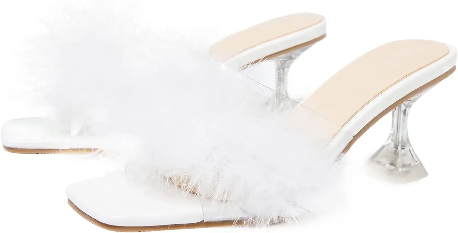 Heiyom Women's Square Toe Low Stilettos Heels Mules Sandals Fluffy Feather Slip on Clear Low Heels Wedding Bridal Party Dress Shoes