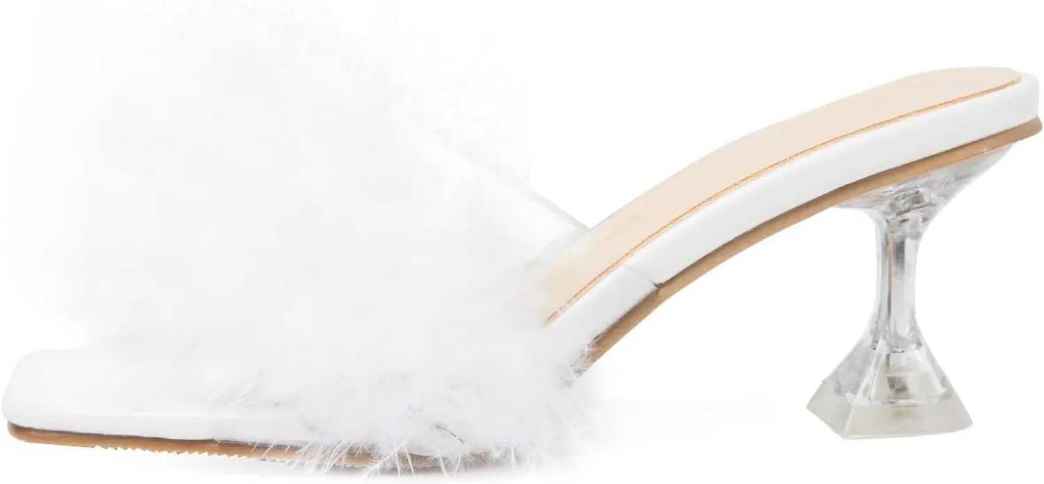 Heiyom Women's Square Toe Low Stilettos Heels Mules Sandals Fluffy Feather Slip on Clear Low Heels Wedding Bridal Party Dress Shoes