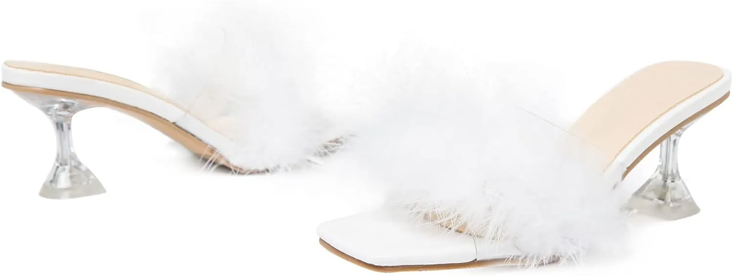 Heiyom Women's Square Toe Low Stilettos Heels Mules Sandals Fluffy Feather Slip on Clear Low Heels Wedding Bridal Party Dress Shoes