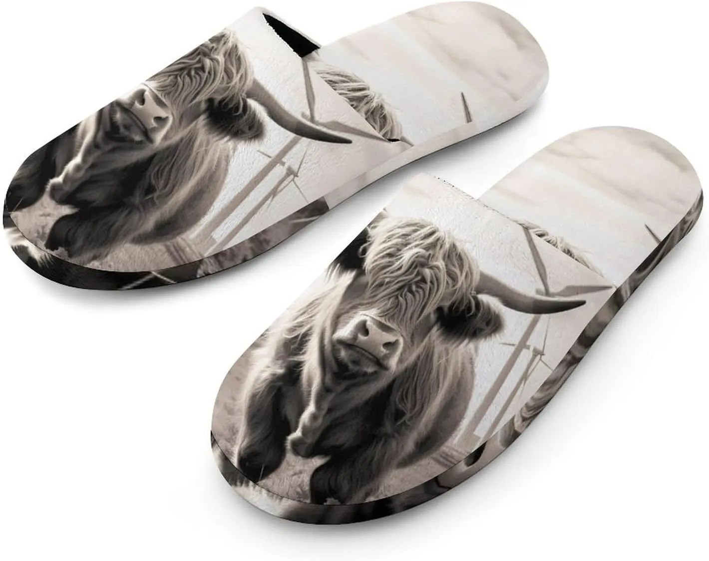 Highland Cow Windmill Men's Cotton Slippers Slip-on House Slippers Warm Home Shoses with Rubber Sole