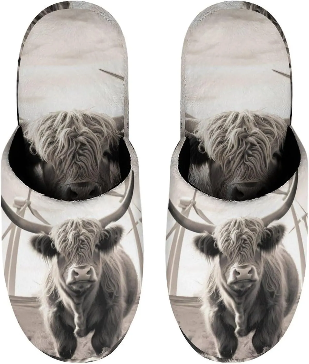 Highland Cow Windmill Men's Cotton Slippers Slip-on House Slippers Warm Home Shoses with Rubber Sole