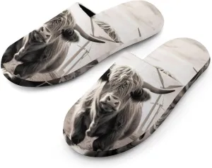 Highland Cow Windmill Men's Cotton Slippers Slip-on House Slippers Warm Home Shoses with Rubber Sole