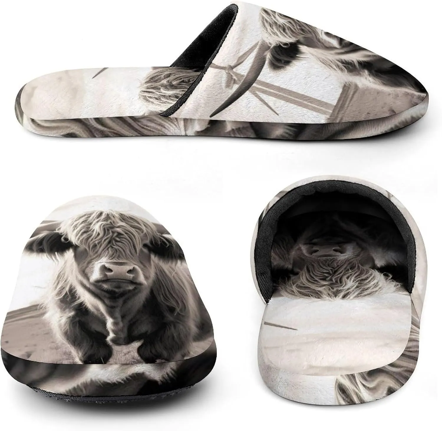 Highland Cow Windmill Men's Cotton Slippers Slip-on House Slippers Warm Home Shoses with Rubber Sole