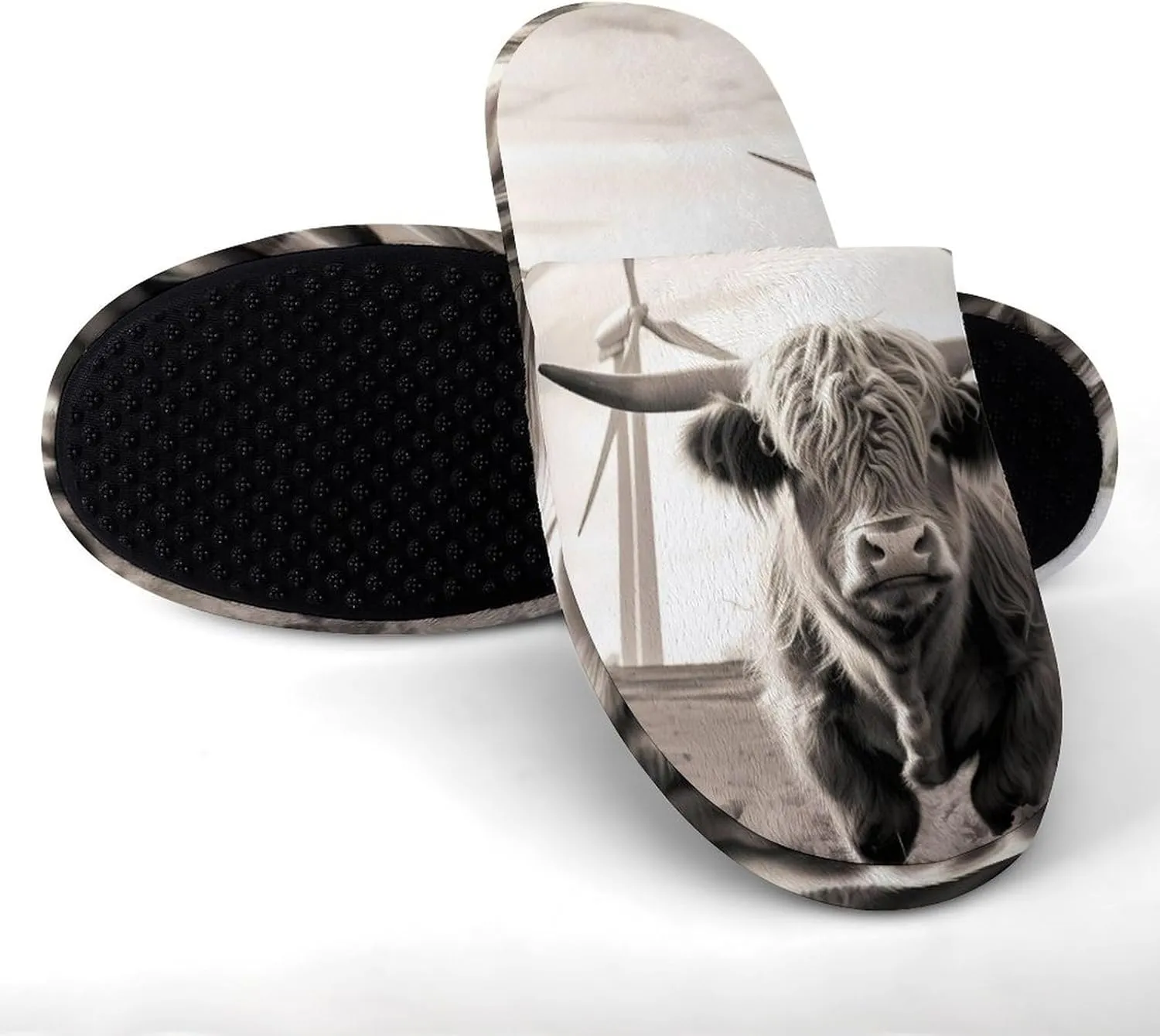 Highland Cow Windmill Men's Cotton Slippers Slip-on House Slippers Warm Home Shoses with Rubber Sole