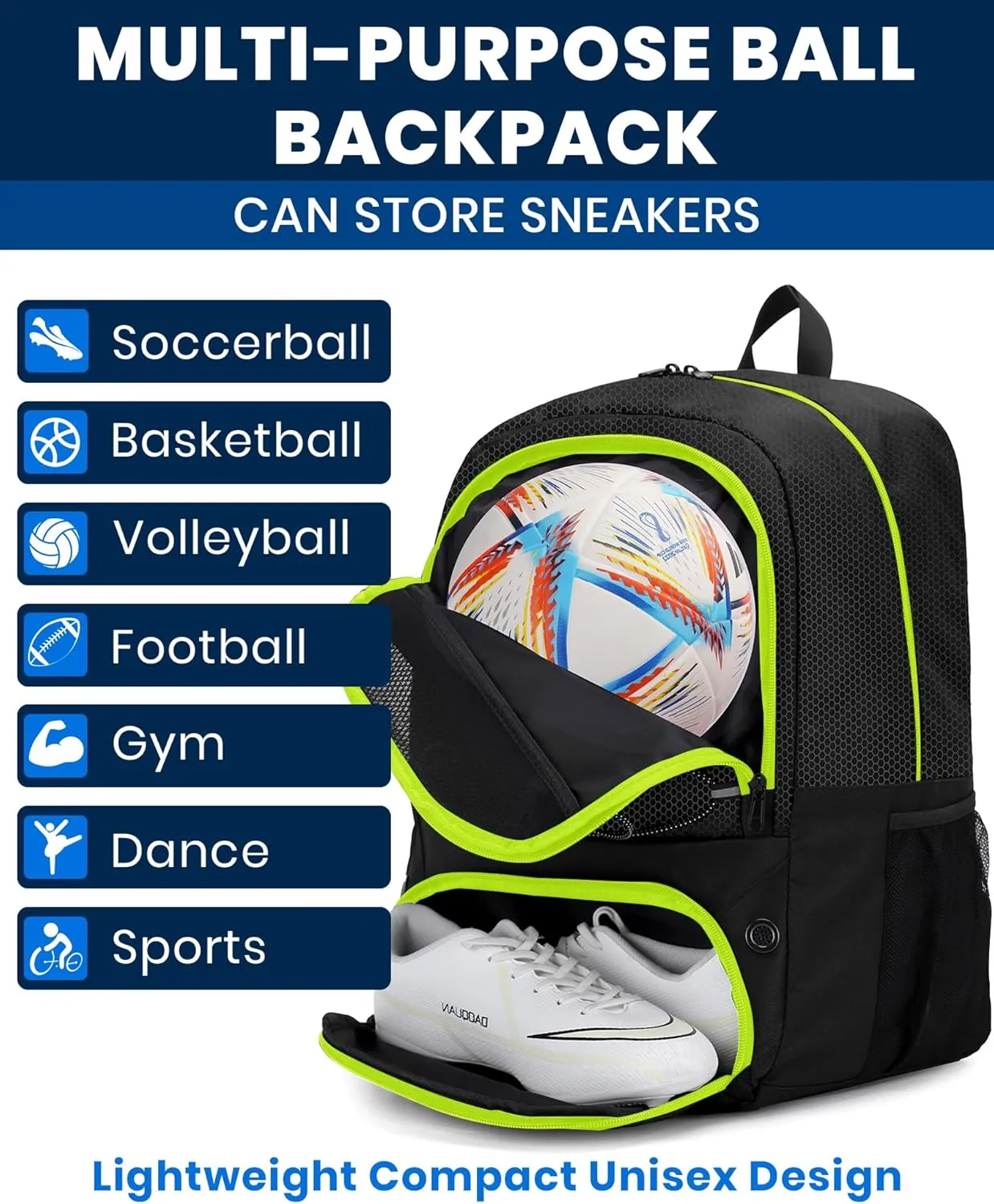 HMLIN Soccer Backpack,Basketball Backpack with Ball Compartment &Shoe Compartment,Sports Bag for Basketball,Soccer,Football& Volleyball