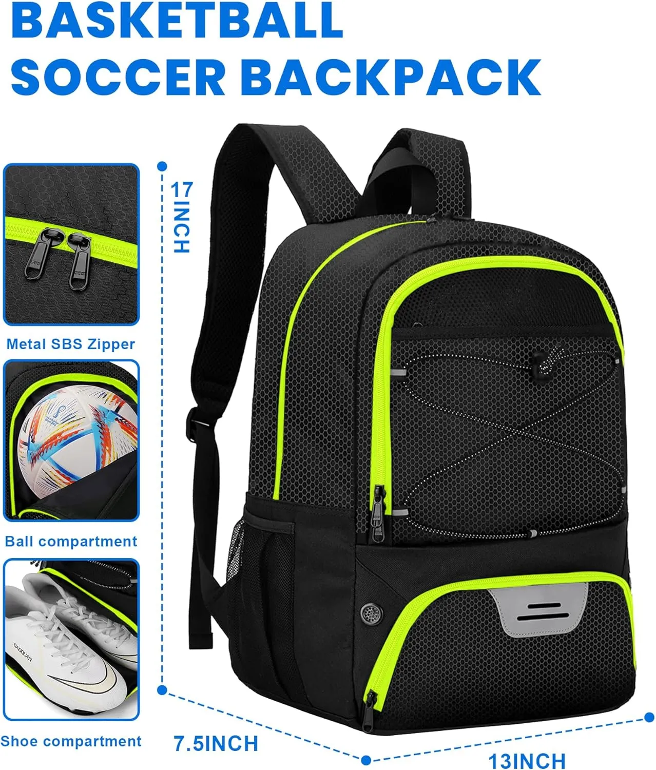 HMLIN Soccer Backpack,Basketball Backpack with Ball Compartment &Shoe Compartment,Sports Bag for Basketball,Soccer,Football& Volleyball