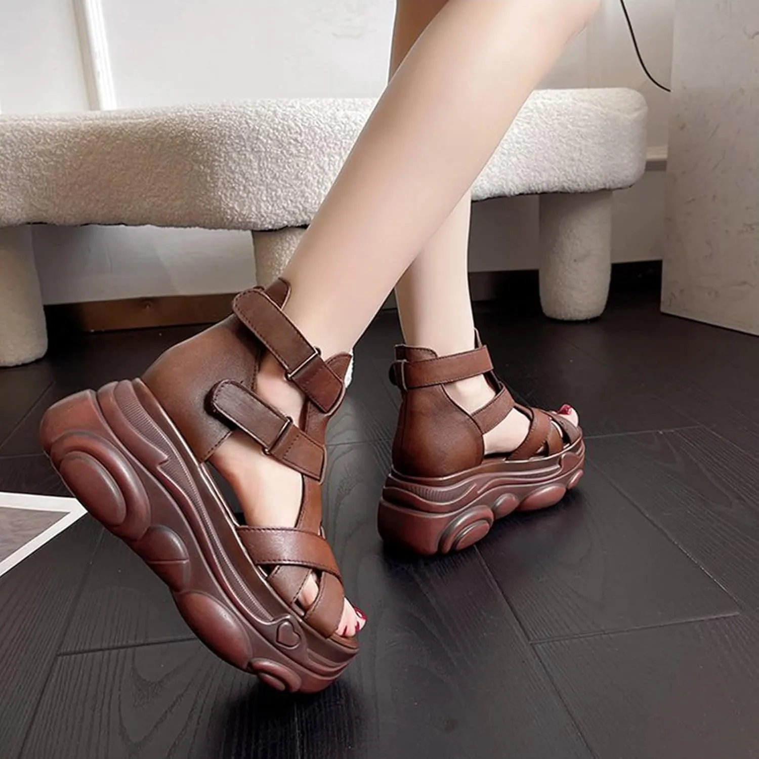 HOUDBDOL Women Fashion Leather Platform Sandal with Adjustable Hook and Loop Round Open Toe Ankle Straps Breathable Soft Sole Sport Walking High Top Flats Sandals