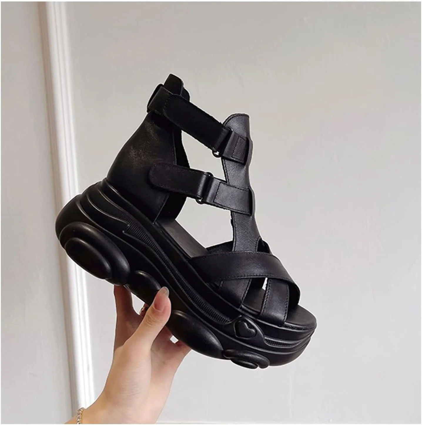 HOUDBDOL Women Fashion Leather Platform Sandal with Adjustable Hook and Loop Round Open Toe Ankle Straps Breathable Soft Sole Sport Walking High Top Flats Sandals