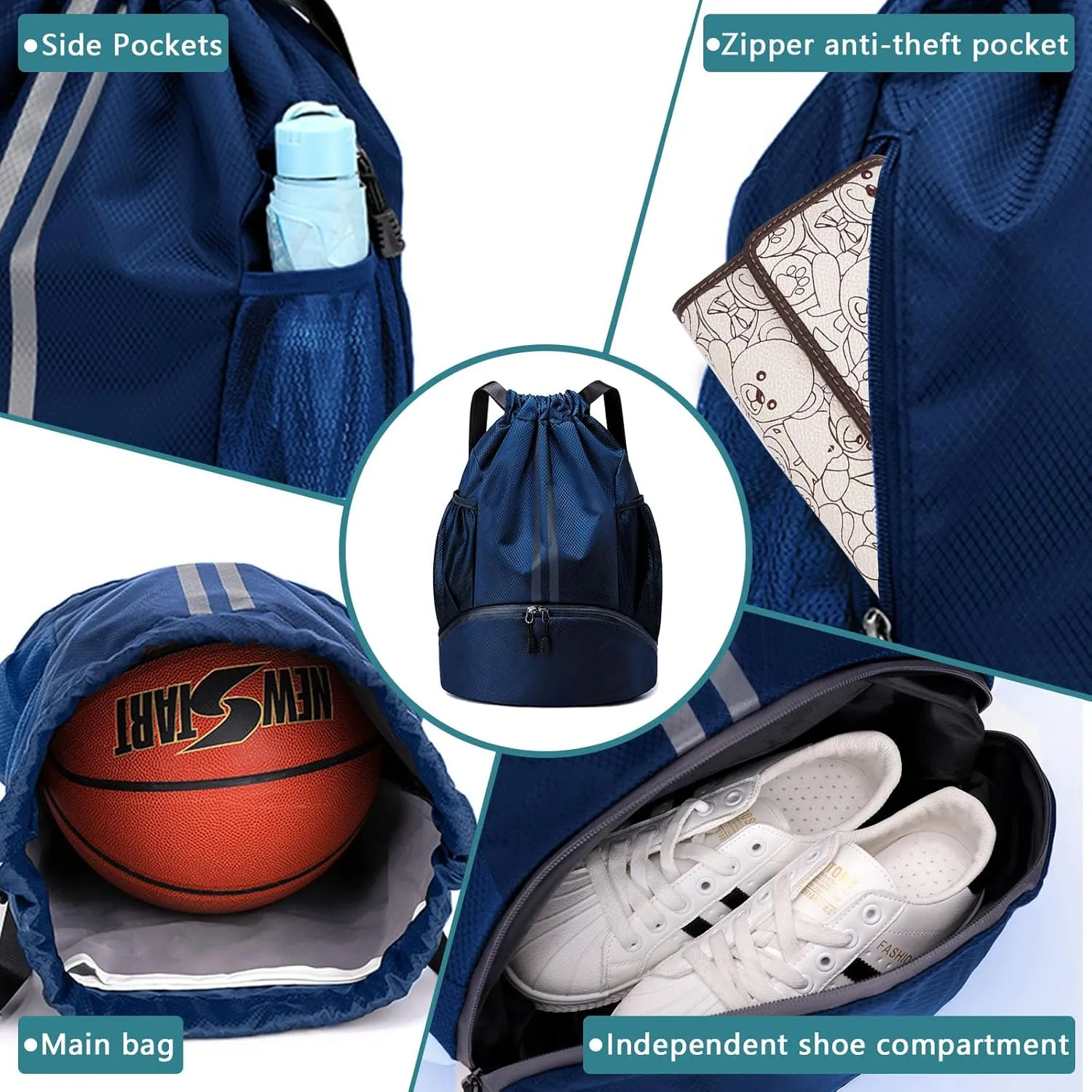 HUA ANGEL Waterproof Drawstring Backpack Lightweight Nylon Gym Bag with Shoe Compartment for Travel Swimming Sports Outdoor