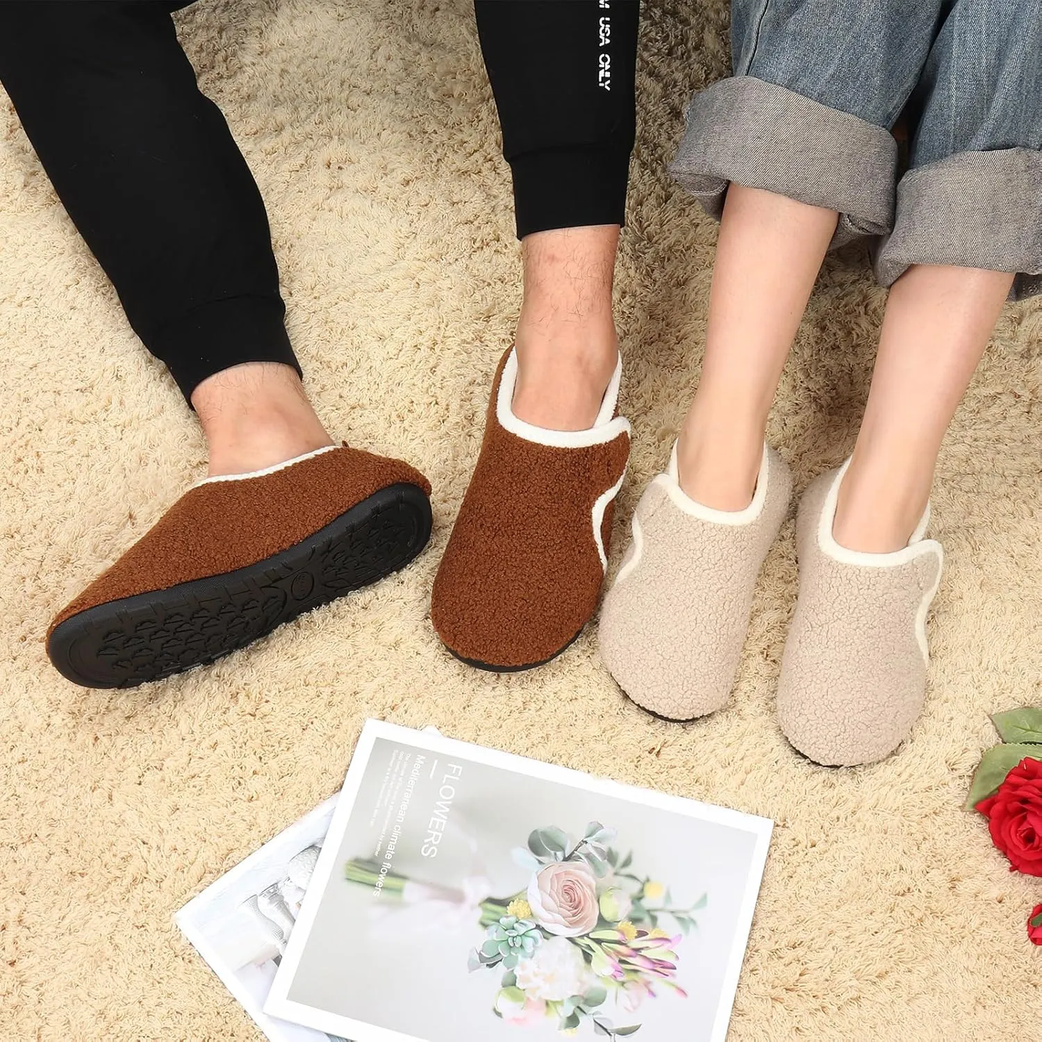 Ibeauti Womens Mens House Slippers Rubber Sole Indoor Slipper Socks Lightweight Fleece Lined Slip-on Barefoot Slippers