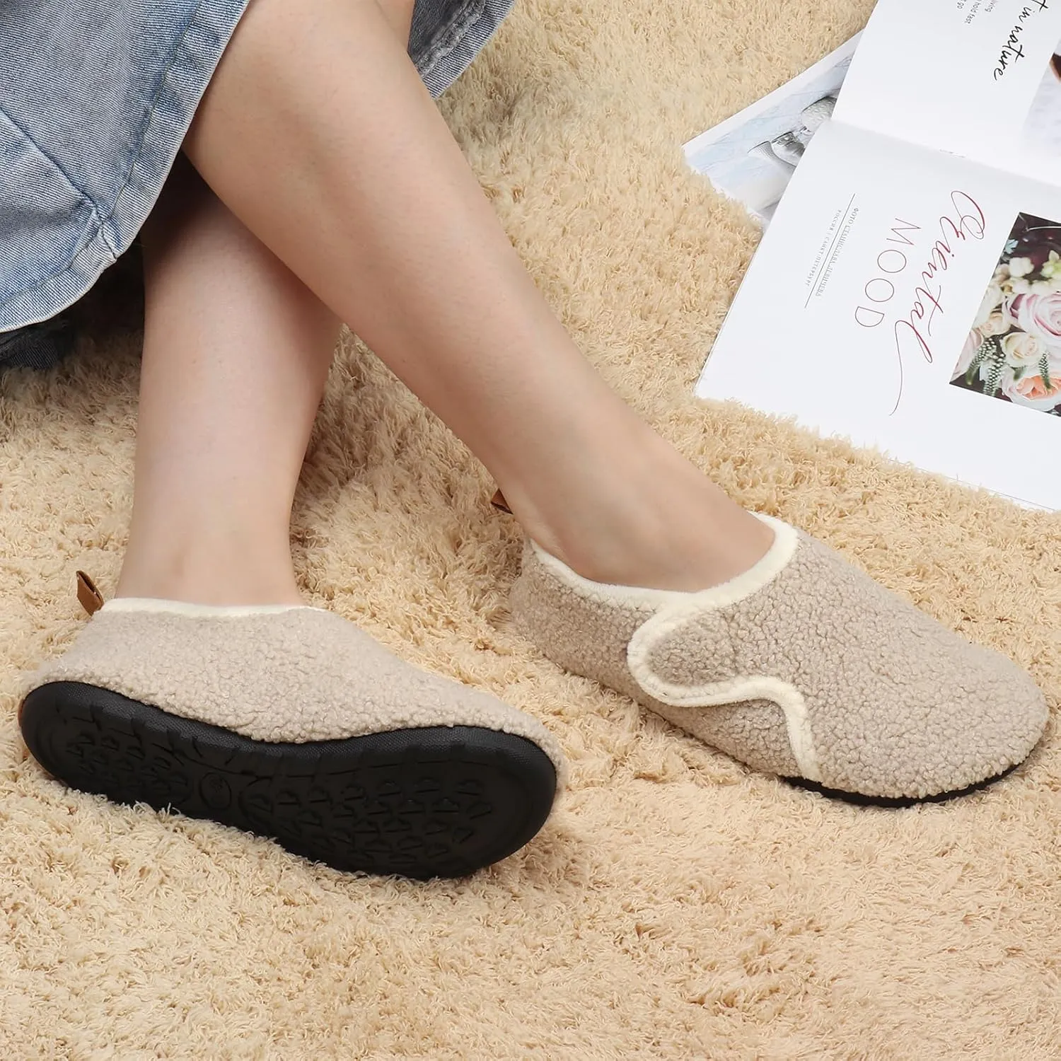 Ibeauti Womens Mens House Slippers Rubber Sole Indoor Slipper Socks Lightweight Fleece Lined Slip-on Barefoot Slippers