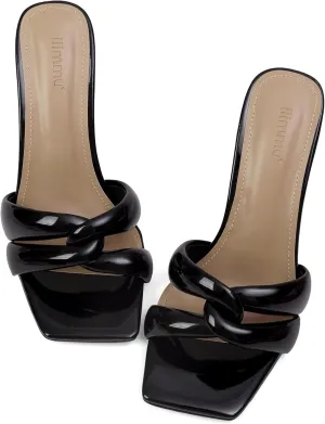 iiimmu Mule Heels 3.5 IN Stiletto with Square Toe Heeled Sandals Interwoven Straps Shape