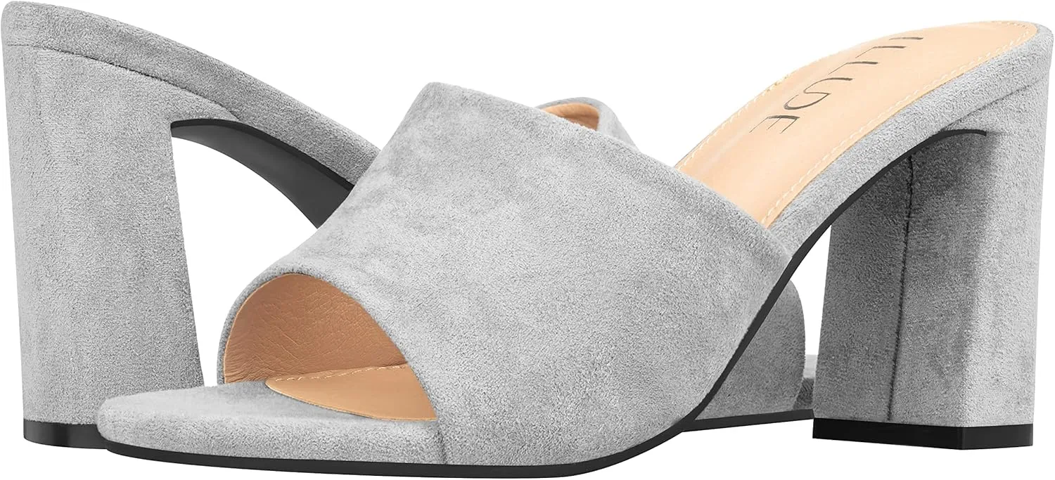 ILLUDE Women’s Block Heel Single Strap Square Toe Heeled Sandal Slip On Mule - Demi
