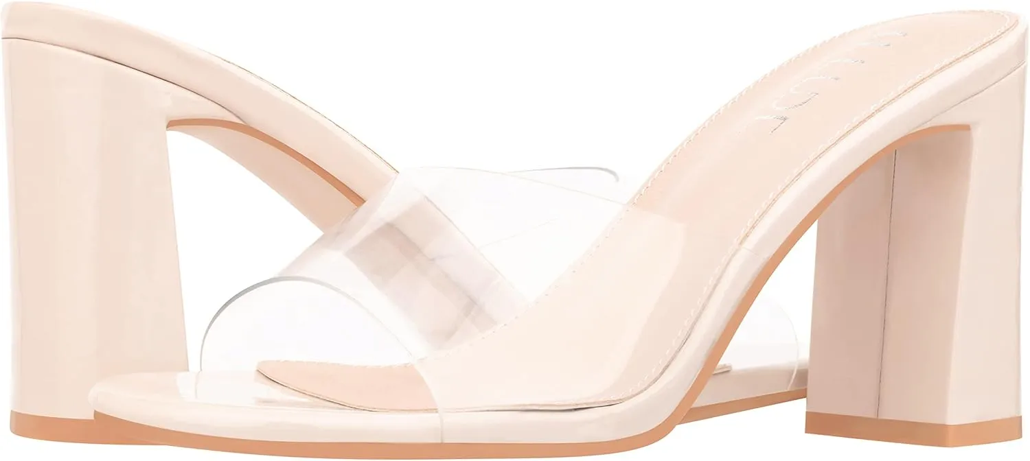 ILLUDE Women’s Block Heel Single Strap Square Toe Heeled Sandal Slip On Mule - Demi