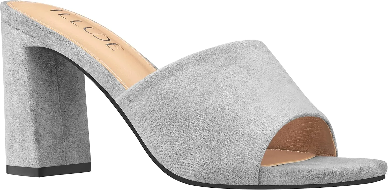 ILLUDE Women’s Block Heel Single Strap Square Toe Heeled Sandal Slip On Mule - Demi