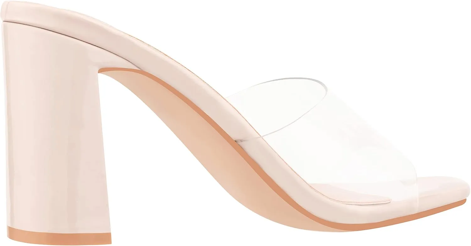 ILLUDE Women’s Block Heel Single Strap Square Toe Heeled Sandal Slip On Mule - Demi