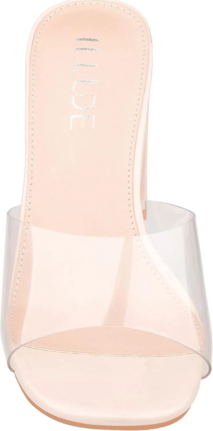 ILLUDE Women’s Block Heel Single Strap Square Toe Heeled Sandal Slip On Mule - Demi