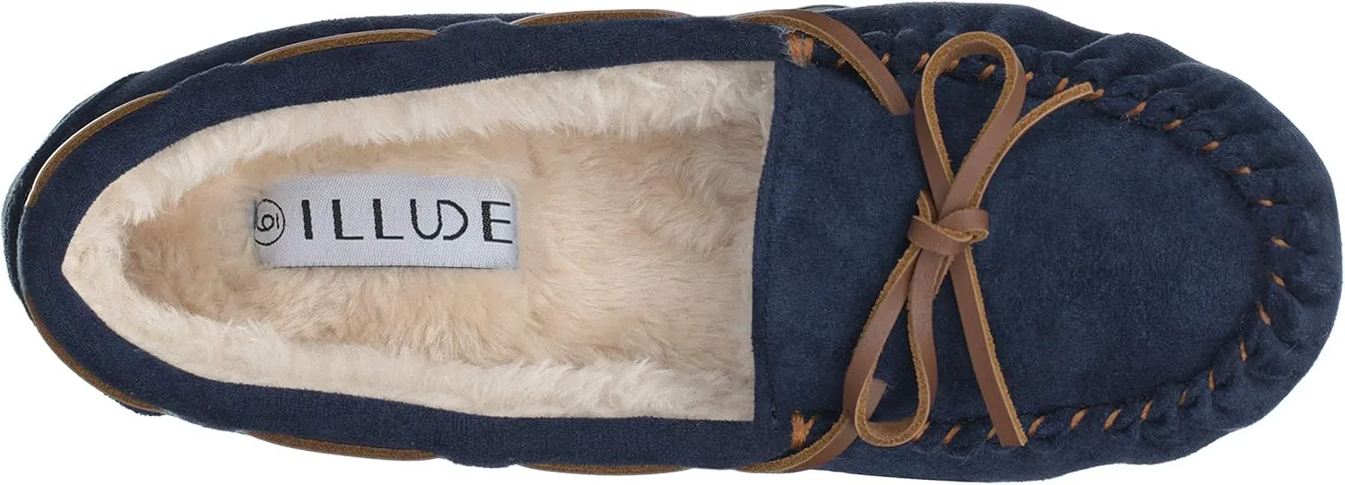 ILLUDE Women’s Moccasin Slipper Vegan Suede Faux Fur Lined Indoor Outdoor Moccasins Slip On Loafers Moccasins Shoes