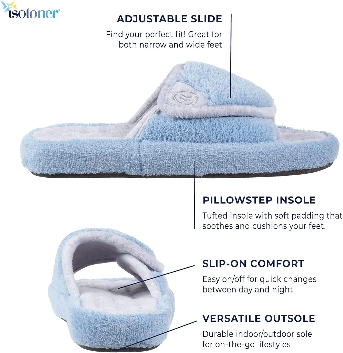 isotoner Women's Terry Spa Slip On Slide Slipper with Memory Foam for Indoor/Outdoor Comfort