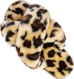 ISZPLUSH Women's Leopard Fuzzy Slippers - Soft Plush Fluffy Slip-On Slides for Home & Bedroom