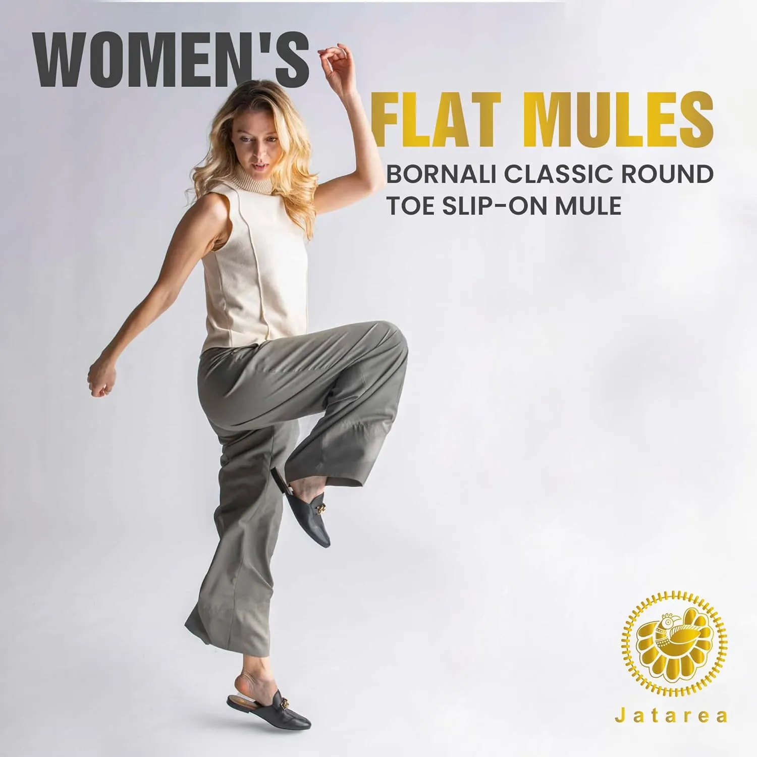 JATAREA Women's Flat Mules | Round Toe Leather Slip-Ons for Any Summer Outing Shoes