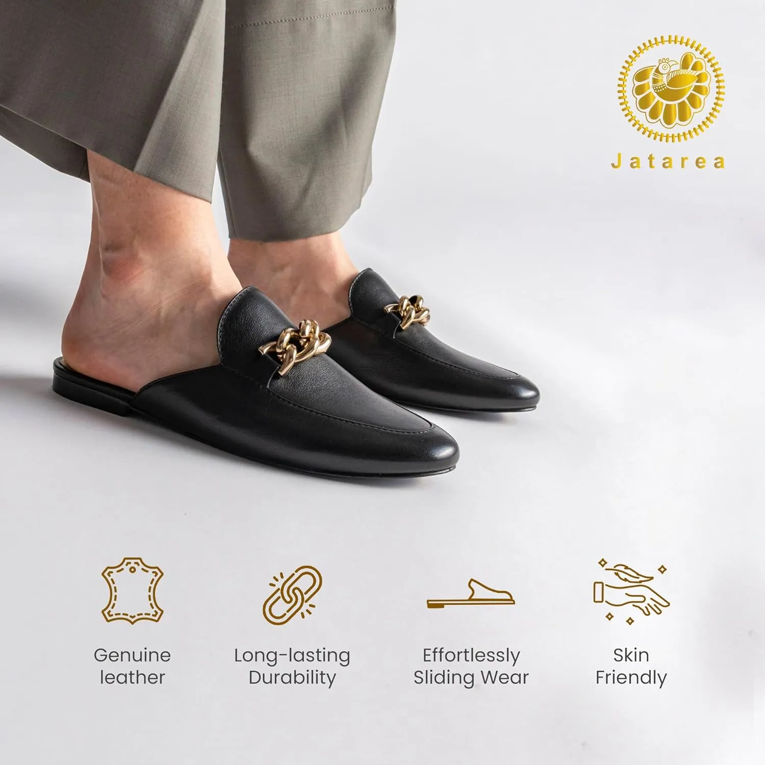 JATAREA Women's Flat Mules | Round Toe Leather Slip-Ons for Any Summer Outing Shoes