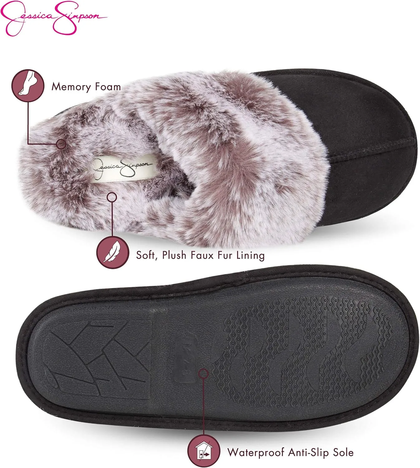 Jessica Simpson Women's Comfy Faux Fur House Slipper Slip-On Scuff Memory Foam Soft Plush Lining