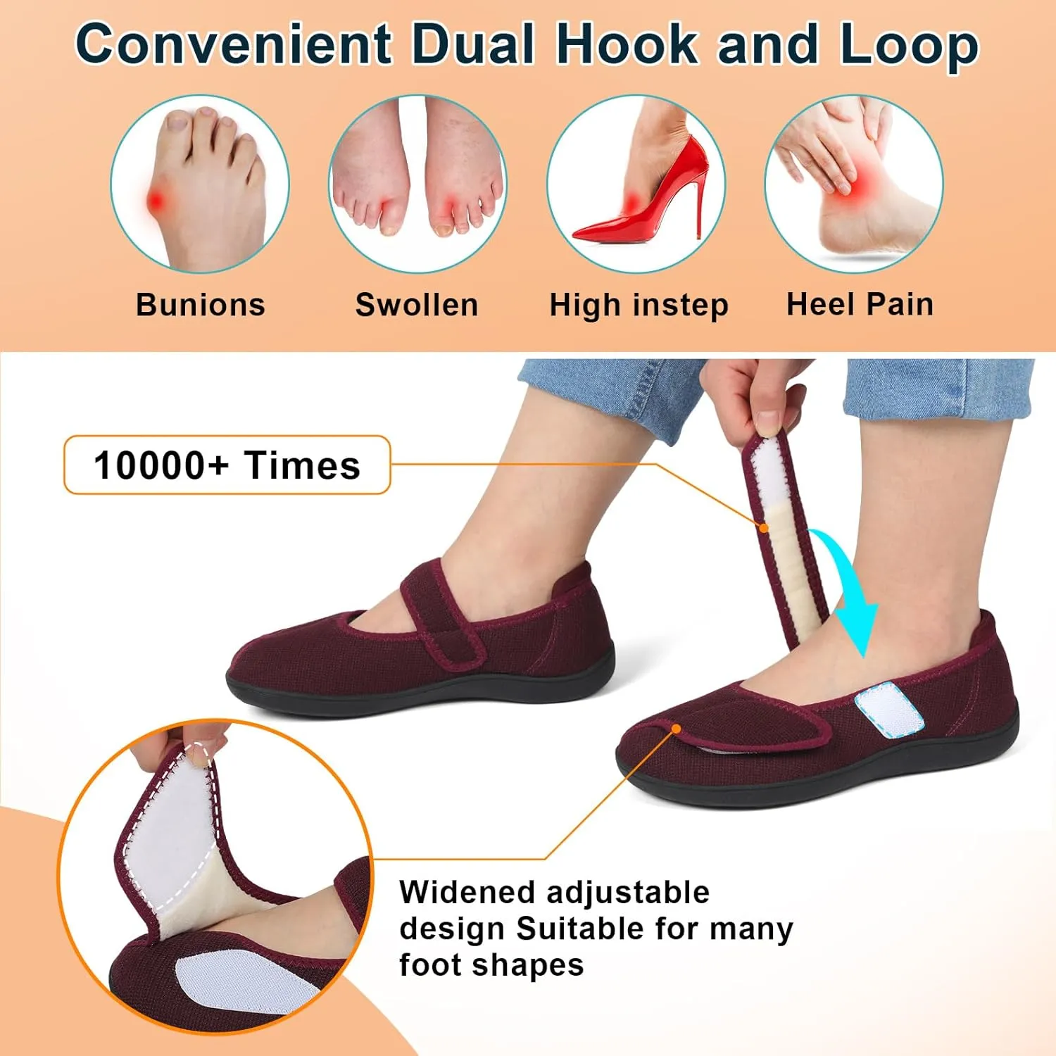 JOINFREE Womens Wide Diabetic Slippers Adjustable Comfort House Shoes Extra Wide Width Edema Swollen Arthritis Bedroom Slipper Indoor Outdoor