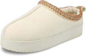 Journee Collection Womens Connway Center Seam Fur Lined Embroidered Slipper Slip On Cushioned Clog with Durable Platform Sole Cream XL(11-12) Medium WOMENS US