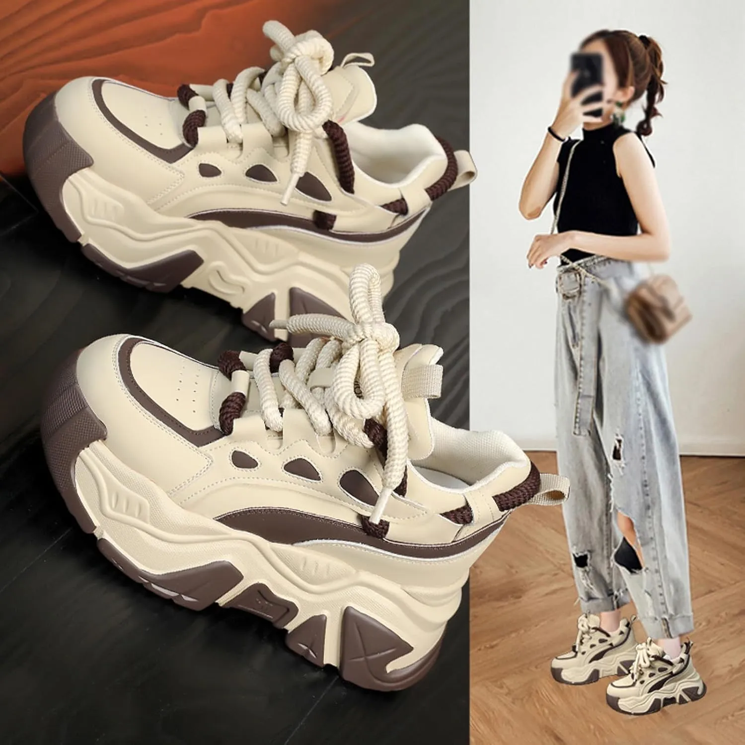 KCTRFSJ Women's Lace-up Chunky Platform Casual Sneakers,Fashion Round Toe Low Top Breathable Dad Shoes,Comfortable Non-Slip Height Increase Sport Shoes