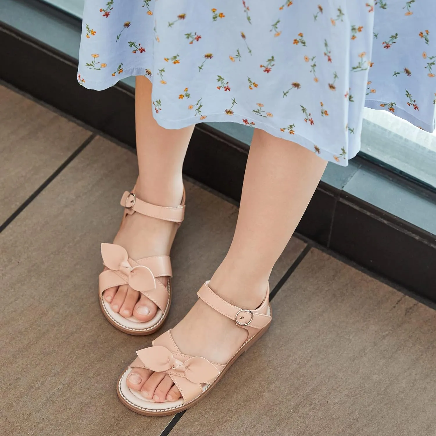 Kiderence Toddler Girls Pink Floral Sandals - Girls' Casual Flat Sandals with Ankle Strap