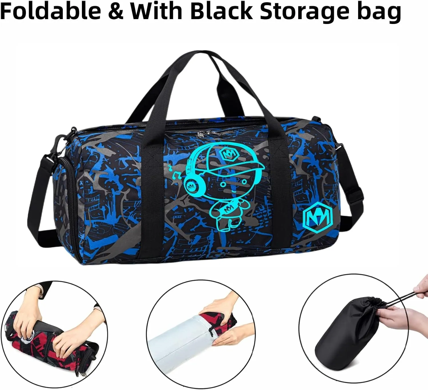 Kids Overnight Duffle Luminous Sport Gym Gag with Shoe Compartment & Wet Pocket Small Sleepover bag Carry on Weekender Travel Tote for Kids Boys Girls