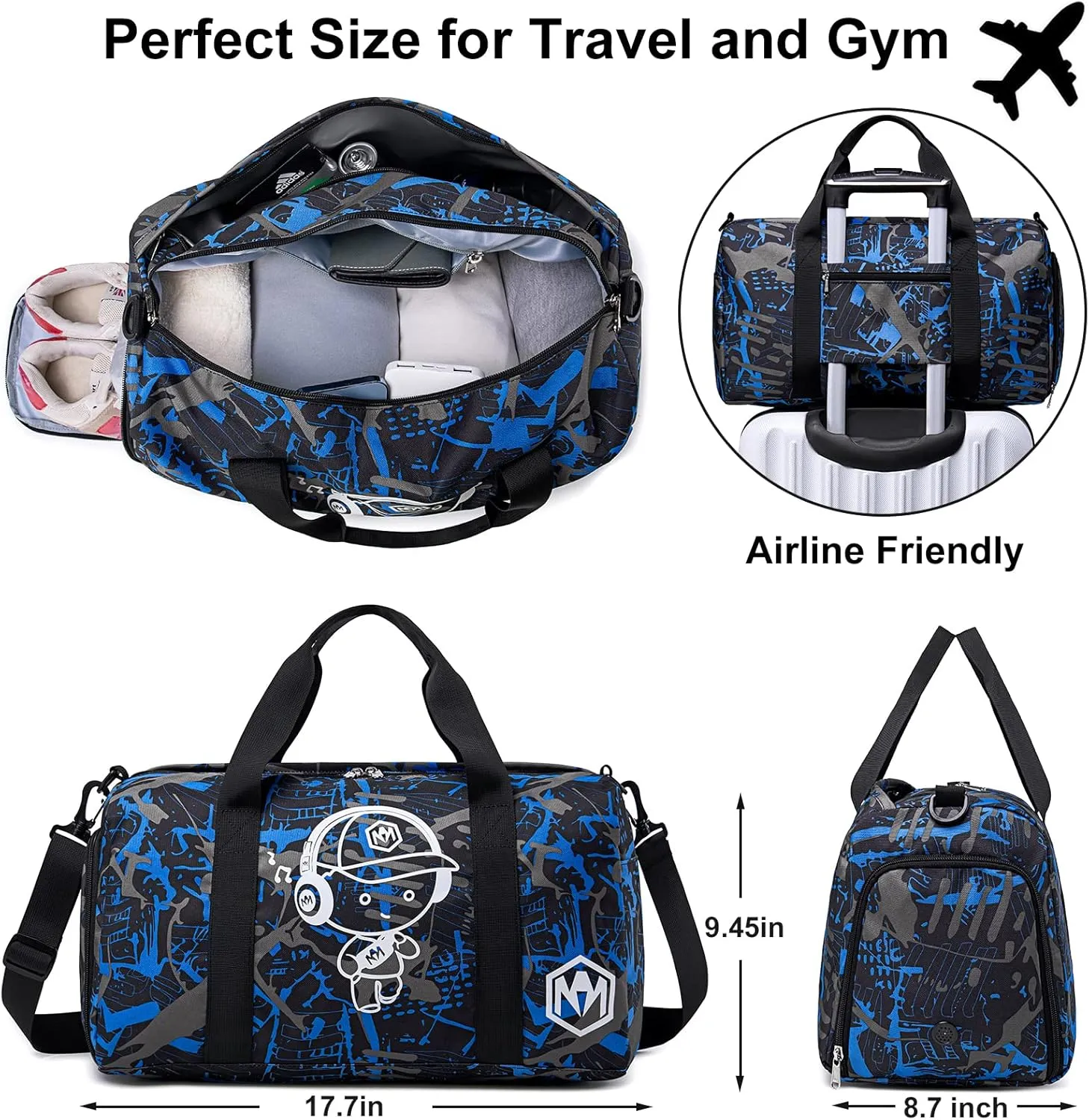 Kids Overnight Duffle Luminous Sport Gym Gag with Shoe Compartment & Wet Pocket Small Sleepover bag Carry on Weekender Travel Tote for Kids Boys Girls