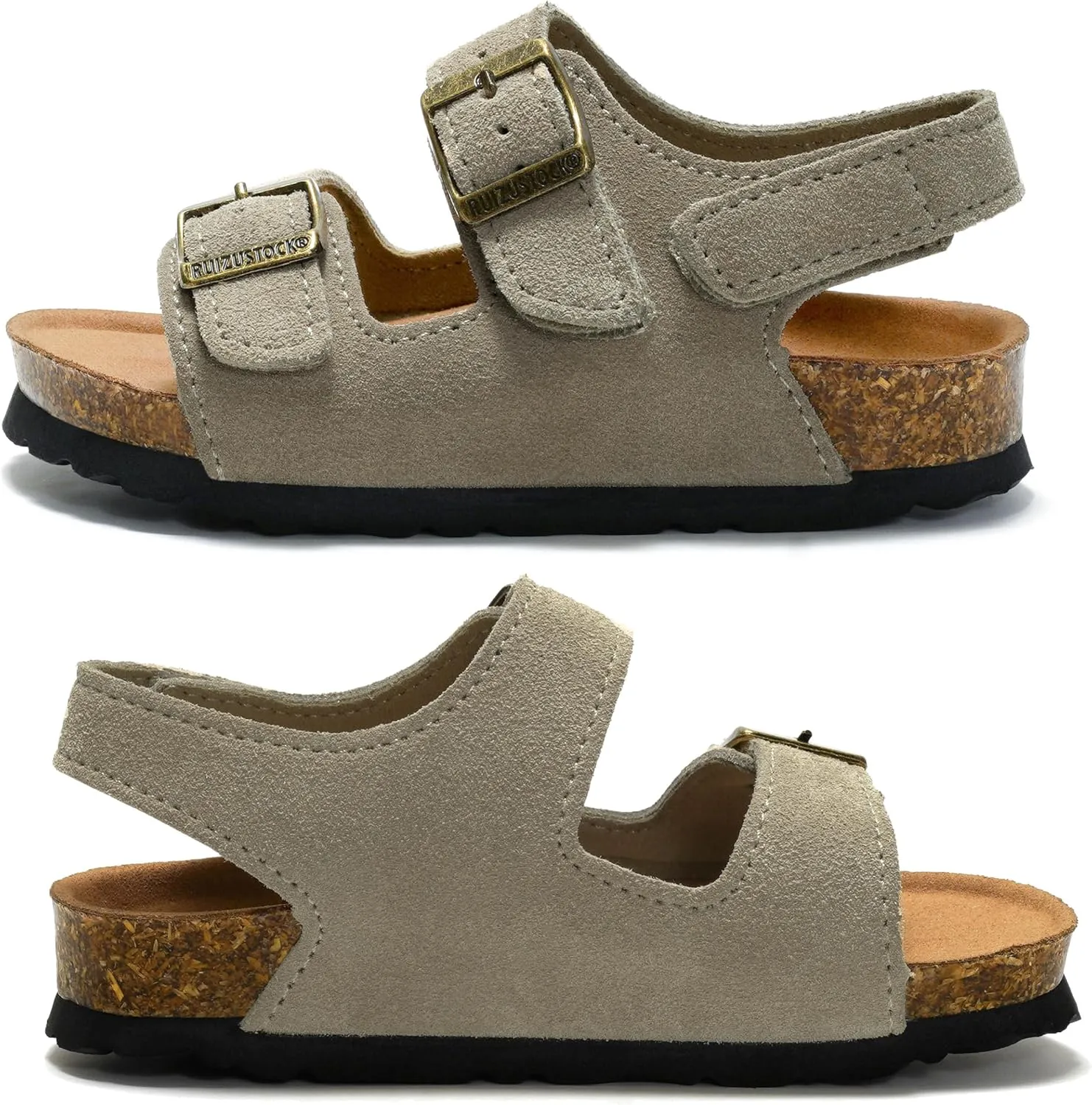 Kids Toddler Suede Sandals Cork Footbed Arch Support Slipper Boys Girls Summer Sandal with Adjustable Buckle and Back Strap Non Slip Open Toe Kid Slippers