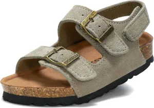 Kids Toddler Suede Sandals Cork Footbed Arch Support Slipper Boys Girls Summer Sandal with Adjustable Buckle and Back Strap Non Slip Open Toe Kid Slippers