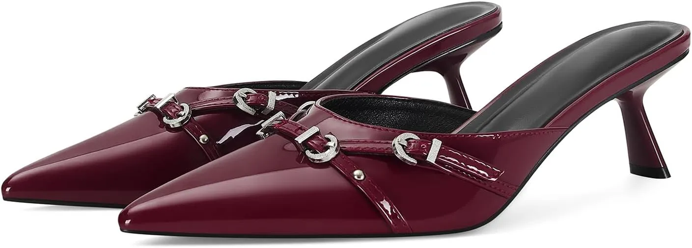 Kitten Heels for Women Pointed Toe Mules Dressy Sexy Strappy Hardware Slip on Stiletto Low Heel Comfort Pumps Shoes