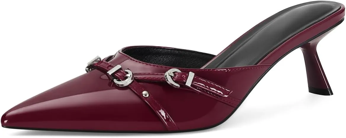 Kitten Heels for Women Pointed Toe Mules Dressy Sexy Strappy Hardware Slip on Stiletto Low Heel Comfort Pumps Shoes