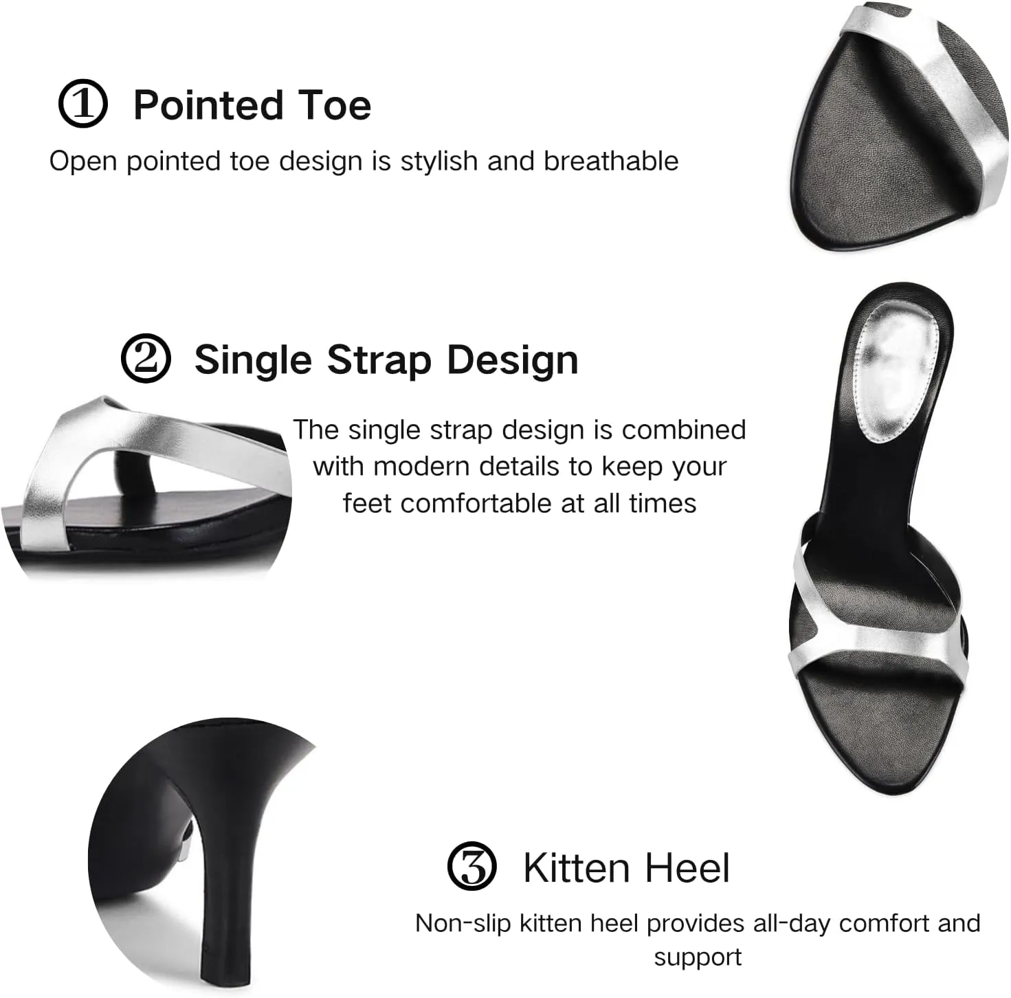 Kitten Heels for Women Single Strap Low Heel Open Toe Mule Shoes Non Slip Sandals