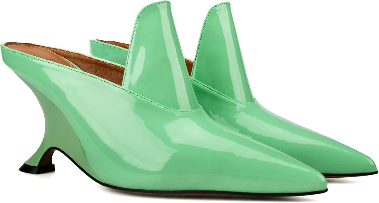 Kluolandi Metallic Heeled Mules for Women Sexy Pointed Closed Toe Slip On Wedge Mule Pumps Heels