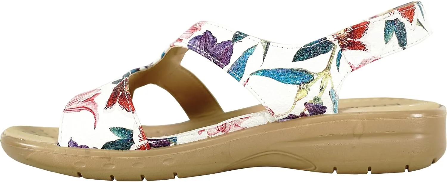 KOZI Women Comfort Casual Wedge Sandal Slip-On Loafer OY3132 Elasticized Band Open Round Toe Black Flower Navy Red White