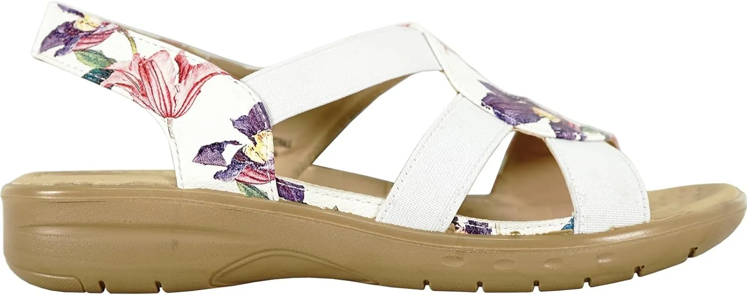 KOZI Women Comfort Casual Wedge Sandal Slip-On Loafer OY3132 Elasticized Band Open Round Toe Black Flower Navy Red White