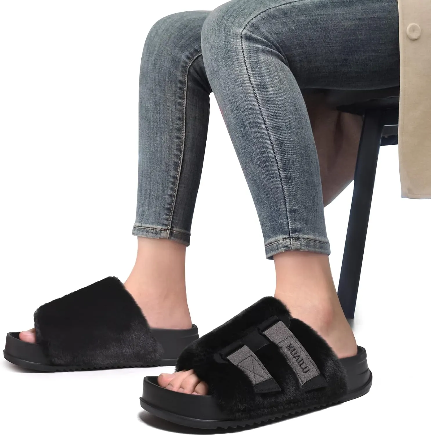 KuaiLu Women's Orthotic Slippers With Arch Support Soft Cushion Sandal Slippers for Woman Ladies Fashion Open Toe Faux Fur Platform Slipper Indoor Outdoor Size 6~12